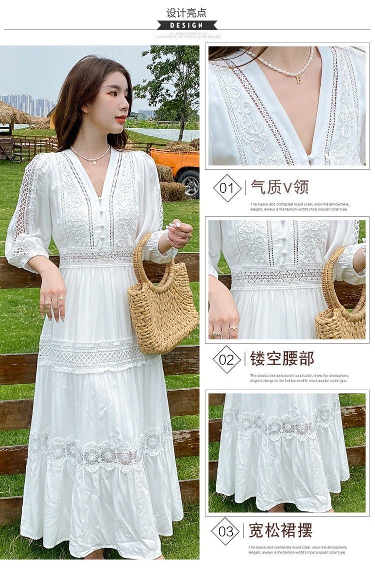 ĐẦM MAXI THÊU HỌA TIẾT CỔ V CAO CẤP D47